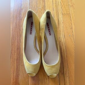 Prada Yellow Suede Peep-Toe Heels